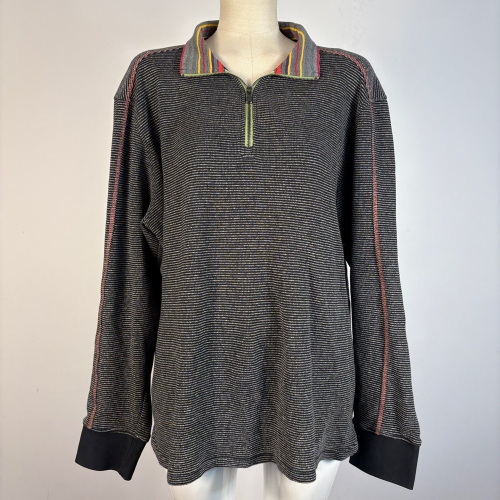 Robert Graham Gray Striped 1/4 Zip Pullover Contrast Collar Flip Cuff Size L